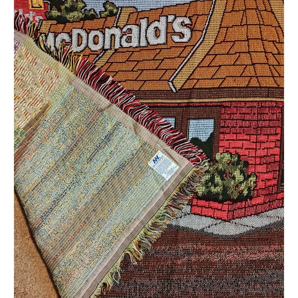 Vintage McDonalds Woven Tapestry Blanket Blue Red Vintage Retro Restaurant USA